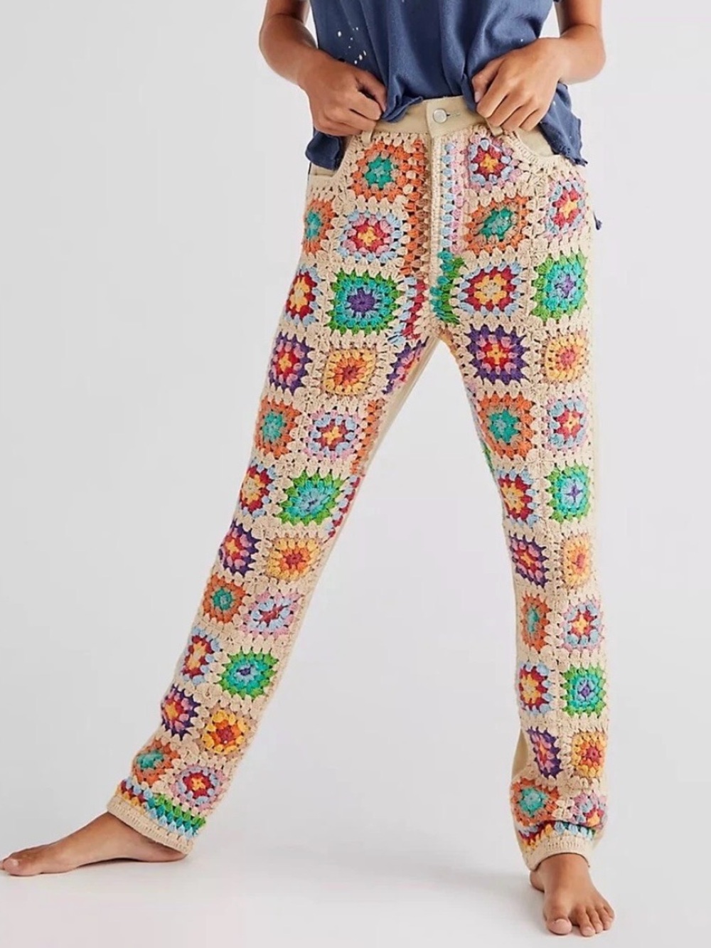 Free People NWT Zuri Cream Crochet Mom Button Fly Boho Jeans Pants **Size 29** 🌸